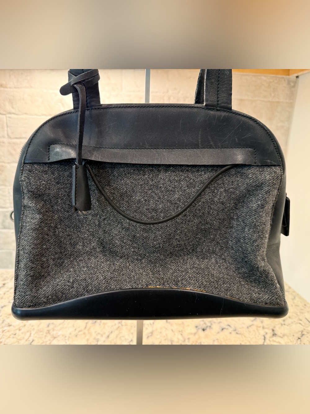 Prada EUC Vintage Grey Wool & Black Leather Satchel w/COA